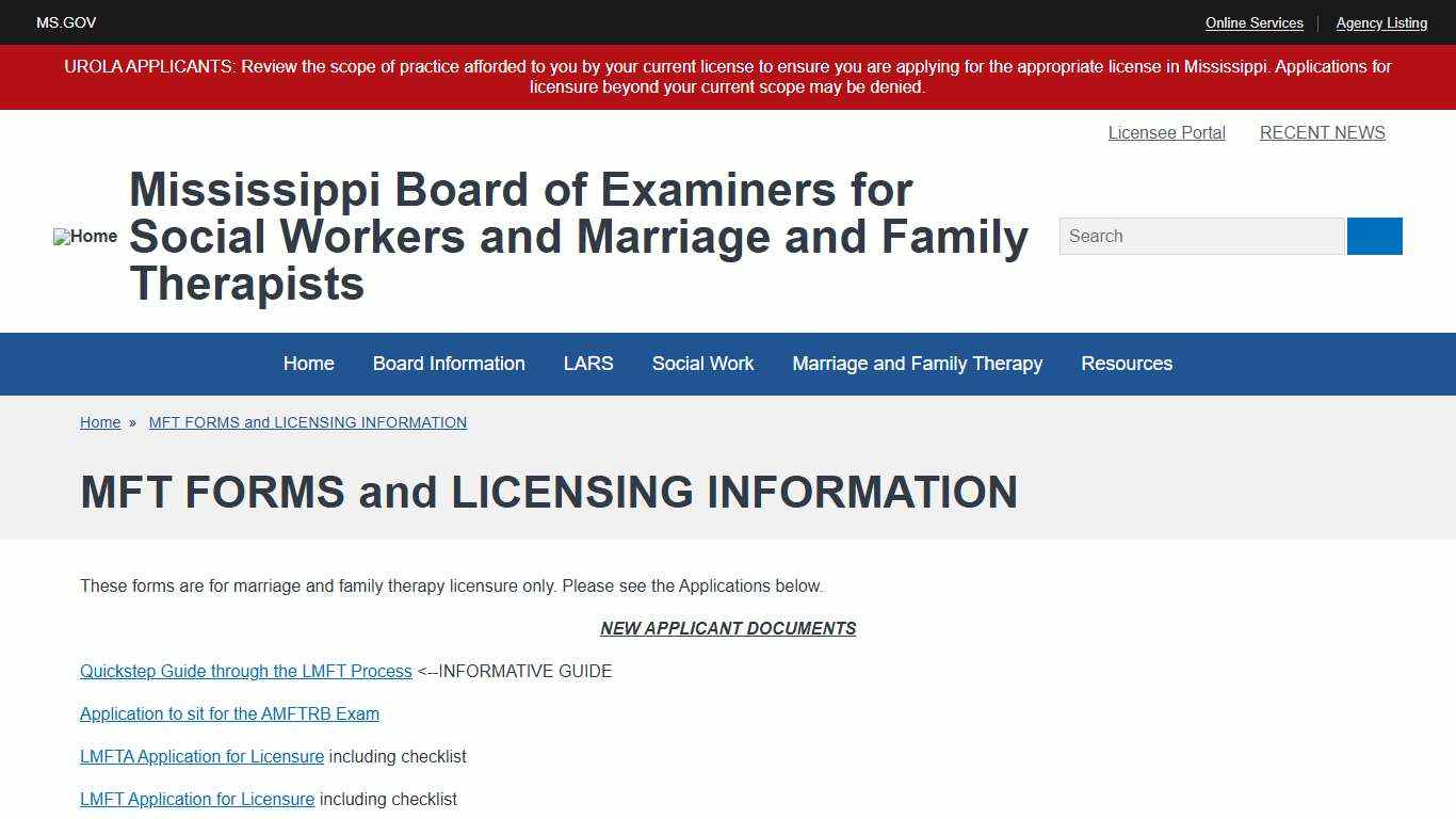 MFT FORMS and LICENSING INFORMATION | Mississippi Board of Examiners for Social Workers and Marriage and Family Therapists